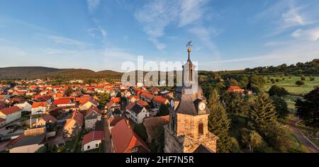 Germany,  Thuringia,  rural community Geratal,  Graefenroda,  church tower,  village,  houses,  overview Stock Photo