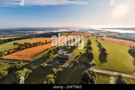 Germany,  Thuringia,  Königsee,  Barigau,  observation tower,  restaurant,  mountains and valley fog in the background,  sun,  aerial view,  back light Stock Photo