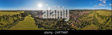 Germany,  Thuringia,  rural community Geratal,  Graefenroda,  village,  houses,  valley,  mountains,  forest,  sun,  partly back light,  360 –° panorama Stock Photo