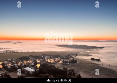 Germany,  Thuringia,  Großbreitenbach (background),  Gillersdorf,  village,  dawn,  ground fog,  overview,  aerial view Stock Photo