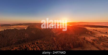 Germany,  Thuringia,  Großbreitenbach,  Wildenspring,  landscape,  forest,  valleys,  mountains,  sunrise,  back light Stock Photo