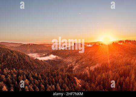 Germany,  Thuringia,  Großbreitenbach,  Wildenspring,  landscape,  forest,  valleys,  mountains,  sunrise,  back light Stock Photo