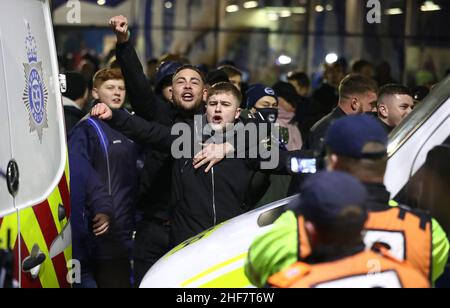 Brighton, UK. 14th Jan, 2022. Brighton and Hove, England, 14th January 2022. Brighton and Hove Albion fans gesture towards Crystal Place fans as they arrive ahead of the Premier League match at the AMEX Stadium, Brighton and Hove. Picture credit should read: Paul Terry / Sportimage Credit: Sportimage/Alamy Live News Stock Photo