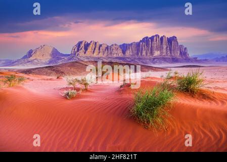 Wadi Rum, Jordan. Jabal Al-Qatar is one of the most impressive mountains in Wadi Rum, Aqaba Governorate. Stock Photo