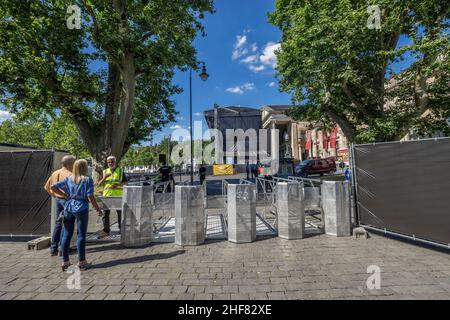 Germany,  Hesse,  Wiesbaden,  view of admission control for an event in front of the Kurhaus Stock Photo