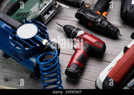 Electric Hand Power Tools In Repair Workshop Stock Photo