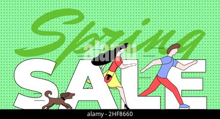 Spring sale promotion banner design template. Person woman with man and dog running on shopping. Season offer green advertising poster. Vector eps illustration Stock Vector