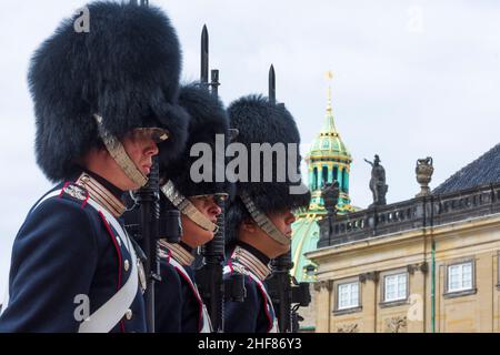 Copenhagen,  Koebenhavn,  Royal Guard,  changing of the guard in front of Amalienborg Palace,  M16 rifle in Zealand,  Sealand,  Sjaelland,  Denmark Stock Photo