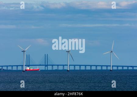 Copenhagen,  Koebenhavn,  Öresund or Oeresund Bridge,  wind turbines,  ships in Zealand,  Sealand,  Sjaelland,  Denmark Stock Photo