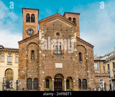 The façade of the Catholic church of San Sepolcro in Romanesque style, part of the Ambrosian Library, Milan city center, Lombardy region, Italy Stock Photo