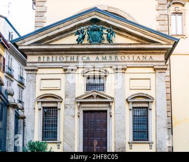 The entrance of the Biblioteca Ambrosiana, a historic library in Milan estabilished in the 17th century, housing the Pinacoteca Ambrosiana art gallery Stock Photo