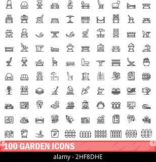 100 garden icons set. Outline illustration of 100 garden icons vector set isolated on white background Stock Vector