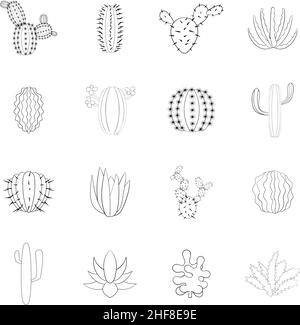 Green cactuses set icons in outline style isolated on white background Stock Vector