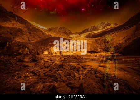 Photomontage with alien golden landscape of a surface of another planet  Stock Photo