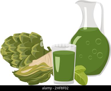 Glass and jug with green wholesome drink from artichoke and herbs for weight loss and health. Cocktail of vegetables and fruits with vitamins. Vector flat illustration Stock Vector