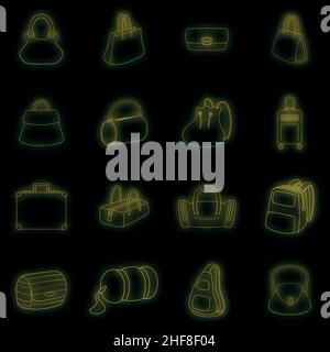 Different bagage icons set. Illustration of 16 different bagage vector icons neon color on black Stock Vector