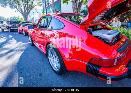 Fernandina Beach, FL - October 18, 2014: Wide angle low perspective rear corner view of a 1986 Porsche 930 Turbo coupe at a classic car show in Fernan Stock Photo