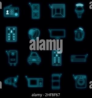 Smart home system icons set. Illustration of 16 smart home system vector icons neon color on black Stock Vector