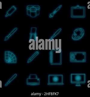 Drawing and painting tools icons set. Illustration of 16 drawing and painting tool vector icons neon color on black Stock Vector