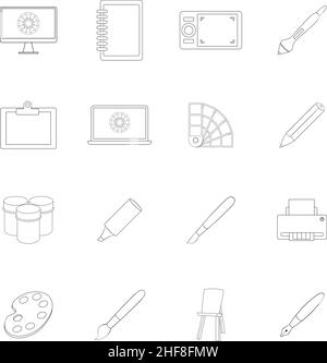 Drawing and painting tools set icons in outline style isolated on white background Stock Vector