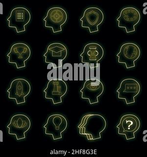 Human mind head icons set. Illustration of 16 human mind head vector icons neon color on black Stock Vector