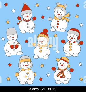 Set of cute snowmen in festive costumes isolated on white background ...