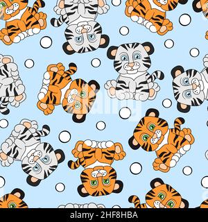 Vector seamless pattern with cute tigers on a blue background, for packaging design, covers, textile print Stock Vector