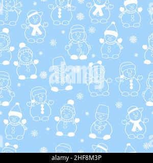 Vector winter seamless pattern with cute Christmas snowmen, white outline on light blue background Stock Vector