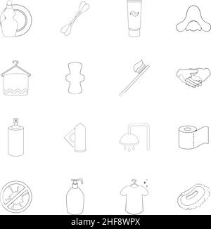 Hygiene set icons in outline style isolated on white background Stock Vector