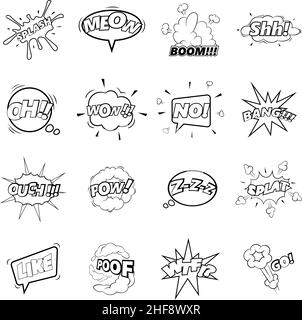 Comic sound cloud set icons in outline style isolated on white background Stock Vector