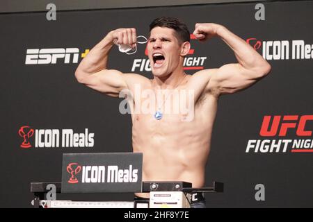 Las Vegas, USA. 14th Jan, 2022. LAS VEGAS, NV - JANUARY 14: Charles Rosa poses on the scale during the UFC Vegas 46: Kattar v Chikadze Weigh in at UFC Apex on January 14, 2022 in Las Vegas, Nevada, United States. (Photo by Diego Ribas/PxImages) Credit: Px Images/Alamy Live News Stock Photo