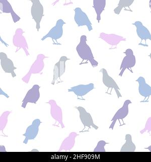 Vector seamless pattern with multicolored silhouettes of songbirds on a white background, for the design of covers, packages, textile prints Stock Vector
