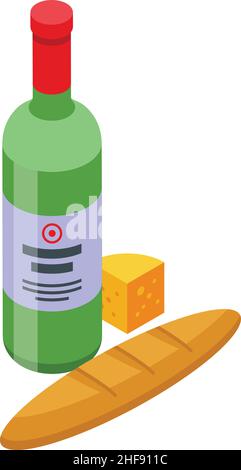 Wine bottle bread icon isometric vector. Cheese alcohol. Glass food Stock Vector