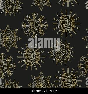 Vector seamless pattern with a set of hand-drawn abstract suns, gold on black Stock Vector
