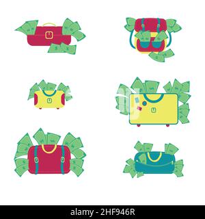 Backpacks, suitcases and handbags full of money. Money bills overflowing the luggage. White background. Isolated. Stock Vector