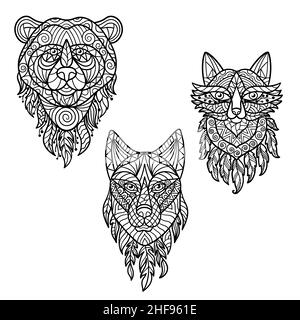 Vector coloring page with a set of abstract forest animals: bear, wolf, fox with patterns in ethnic style, zen art Stock Vector