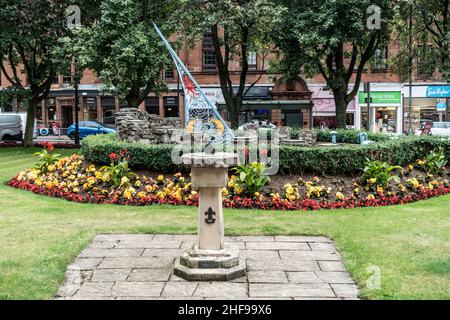 Two sun dials at Prestwick Cross, Ayrshire, one on a pedestal commemorating the local Boy Scout group's 50th anniversary in 1959 and the rear one bein Stock Photo