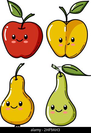 Apple and pear characters set with funny face. Happy cute cartoon collection of kids vector illustrations. Healthy vegetarian food childish character Stock Vector