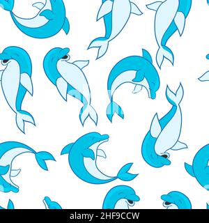 Vector seamless pattern with cute funny blue dolphins on a white background Stock Vector