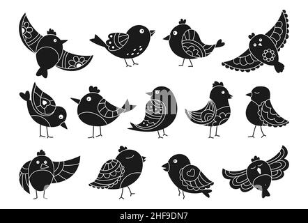 Stamp bird with different ornaments set. Stencil comic birds, different poses, flying. Modern trendy happy press character. Hand drawn flat abstract fun sparrow. Seal vector illustration Stock Vector