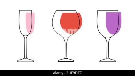 Wine glass colorful line outline contour icon set in flat style. Sign object for mobile app and website. Bar symbol, logo for company or store. Simple concept, design element. Vector illustration Stock Vector
