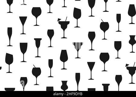 Seamless pattern flat with black glasses with cocktails. Suitable for backgrounds and covers, for packaging goods. The culture of drinking alcoholic beverages. Banner, postcard. Vector illustration Stock Vector