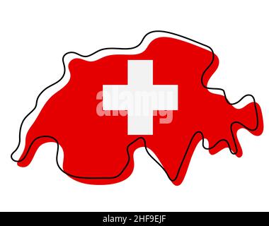 Stylized outline map of Switzerland with national flag icon. Flag color map of Switzerland  illustration. Stock Photo