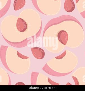 Fruit seamless pattern for textile products, peach pieces, bone and leaves in a flat style  Stock Vector