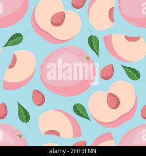 Fruit seamless pattern for textile products, peach pieces, bone and leaves in a flat style  Stock Vector