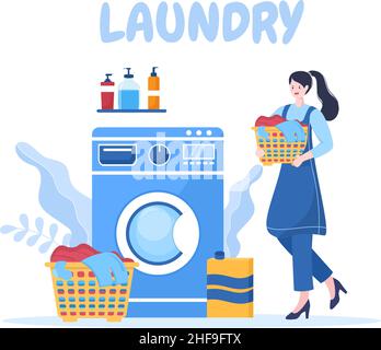 Laundry with Wash and Drying Machines in Flat Background Illustration. Dirty Cloth Lying in Basket and Women are Washing Clothes for Banner or Poster Stock Vector