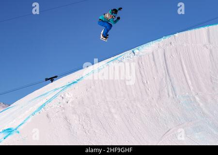 Laax, Switzerland. 14th Jan, 2022. Kamilla Kozuback of Hungary competes during the women's snowboard slopestyle semifinal at FIS Snowboard World Cup 2022 in Laax, Switzerland, Jan. 14, 2022. Credit: Zhang Cheng/Xinhua/Alamy Live News Stock Photo