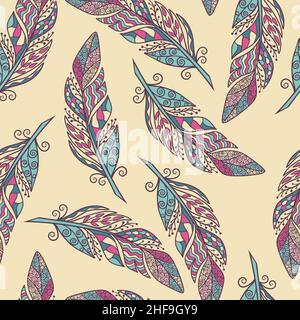 Vector seamless pattern with a beautiful abstract zenart style feathers. For printing on fabric, paper, for the design of covers, packages Stock Vector