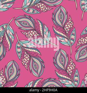 Vector seamless pattern with a beautiful abstract zenart style feathers. For printing on fabric, paper, for the design of covers, packages Stock Vector
