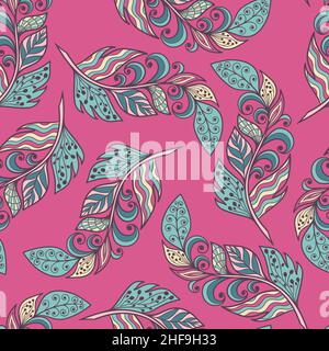 Vector seamless pattern with a beautiful abstract zenart style feathers. For printing on fabric, paper, for the design of covers, packages Stock Vector